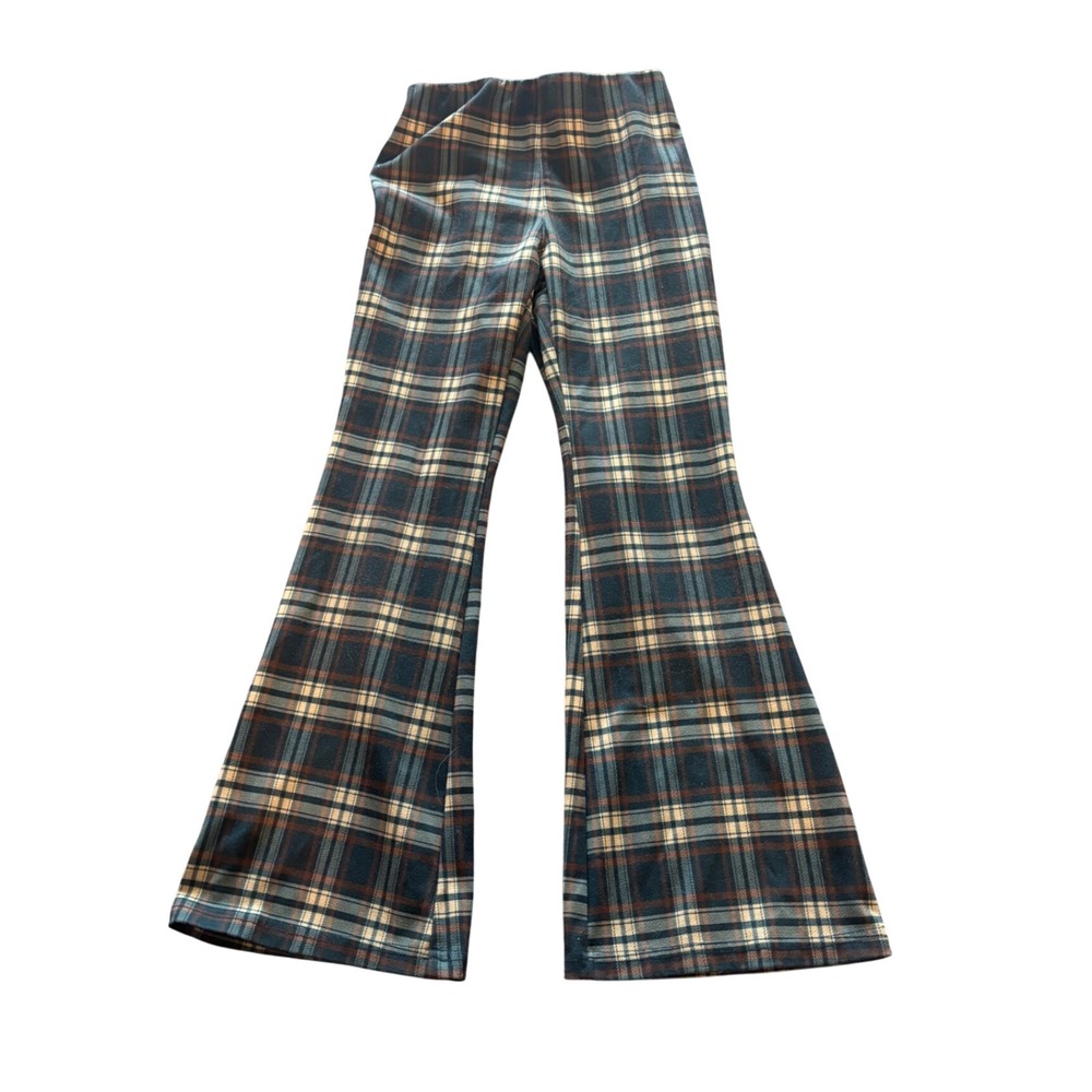 Hello Franki Girls Plaid Flare Pants Brown Tan Green Elastic Waist Size S 7/8